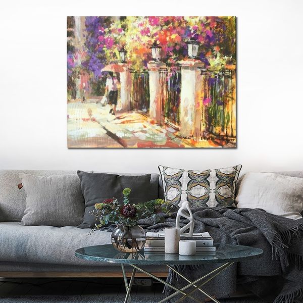 Modern Canvas Art Bougainvillea Avenue Brent Heighton Handmade Cityscape Oil Painting Decorazione da parete contemporanea per soggiorno