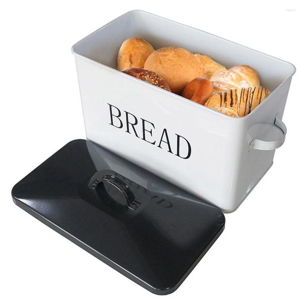 Garrafas de armazenamento caixa de pão de cozinha grande caixa de metal para lanche de bancada com tampa recipiente de piquenique ao ar livre em casa branco preto