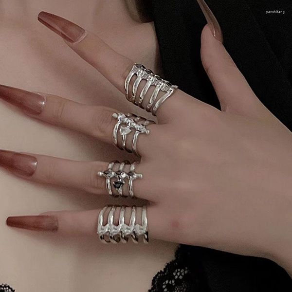 Кластерные кольца Многослойная геометрия нерегулярная черная циркона тренд панк -пара металлическое кольцо для женщин Мужские ювелирные украшения Y2K Huanzhi 2023
