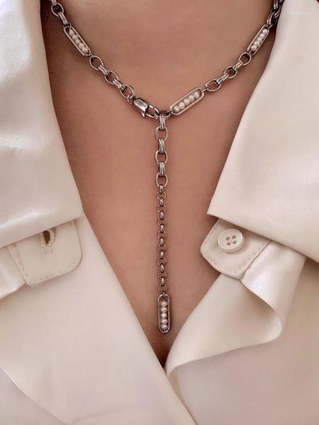 Ketten Frauen Papierclipform Form Perlen Halskette Loose Hoop gemischte neutrale Titanstahl -Reihen Armband Girls Schmuck Long Delicate Krawatte