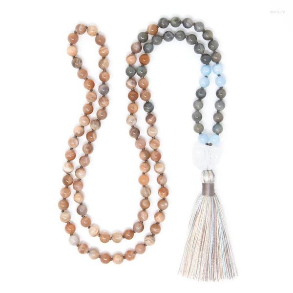 Halsketten mit Anhänger, 8 mm, Sonnenstein, Labradorit, Mala-Halskette, 108 Perlen, geknotet, spiritueller Schmuck, roher Q-uartz-Quastenkragen