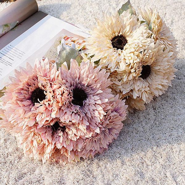 Flores decorativas 6 cabeças multicamada girassol segurando gerbera artificial para decoração de casa buquê de casamento estrada chumbo floral