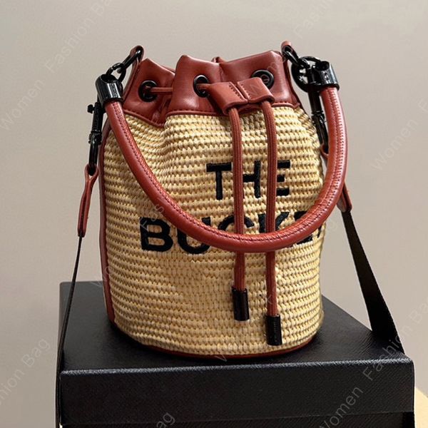 Yüksek kaliteli Marc Straw Dokuma Deri Kova Çantası Seyahat Tote Çanta Çanta Kadın Erkek El Çantası Klasik Drawstring String Lüks Tasarımcı Omuz Crossbody Bag