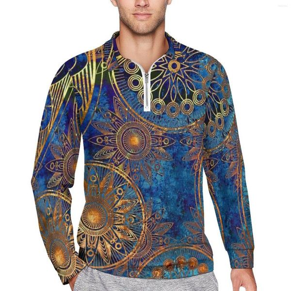 Herren Polos Celestial Steampunk Lose Poloshirts Männer Blau Gold Mandala Langarm Casual T-Shirts Lustiges tägliches Grafikshirt Große Größe 5XL