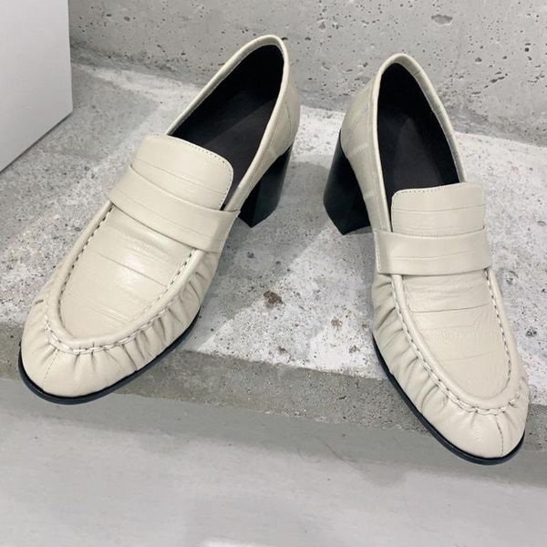 Sapatos sociais 2023 primavera outono mocassins de salto médio couro genuíno feminino cor sólida bico redondo moderno bombas concisas Zapatos Mujer