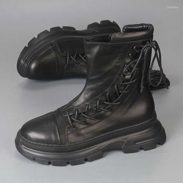 Boots masculino masculino de tendência de tendência alta do tornozelo correspondente de couro respirável de couro grosso para aumentar