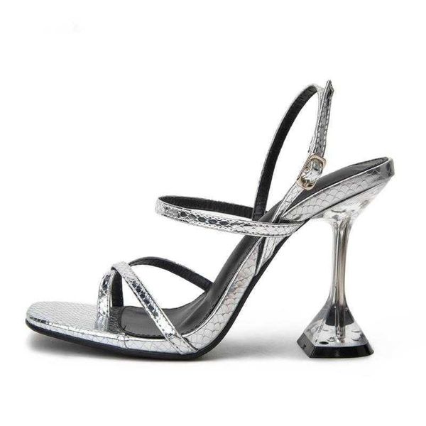 NXY Sandalen Design Silber Schlangenkorn Transparentes Plexiglas Kristall High Heels Damen Sexy Peep Toe Knöchel Schnallenriemen Schuh 230511