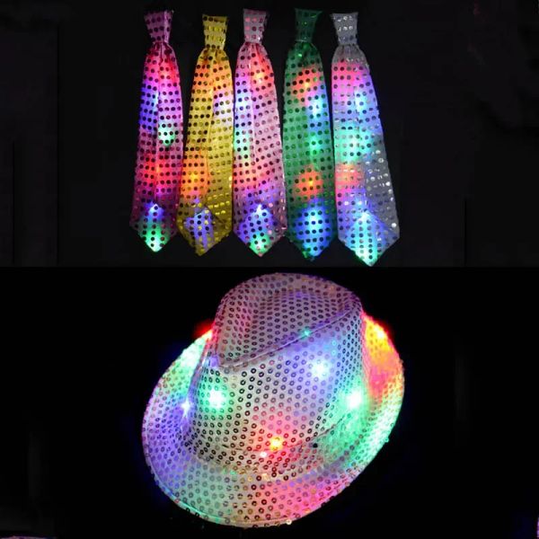 Fashion Kids Adult LED Light Up Tie Paillettes Jazz Fedora Hat Lampeggiante Neon Regali per feste Costume Cap Compleanno Matrimonio Carnevale