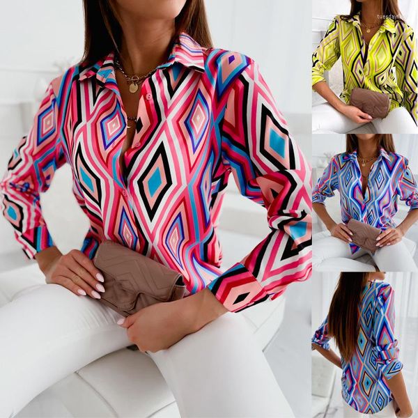 Camicette da donna Top da donna 2023 Primavera Autunno Camicia stampata geometrica multicolore Risvolto Cardigan Maniche lunghe Casual Pendolarismo