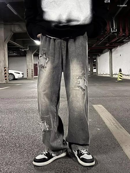 Jeans da uomo in stile americano Y2K strappati da uomo in denim High Street larghi pantaloni casual hip-hop dritti