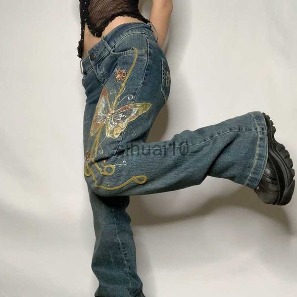 Kadınlar kot pantolon retro kelebek baskı y2k denim 2021 Yeni düz bacak kot pantolon yüksek bel grunge vintage kargo pantolonlar harajuku moda pantolon j230605