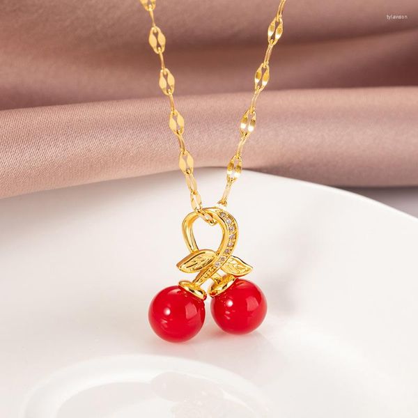 Подвесные ожерелья дизайн чувства сладкая красная вишня из нержавеющей стали колье для женщин, корейская модная дама ежедневно носить шейные украшения