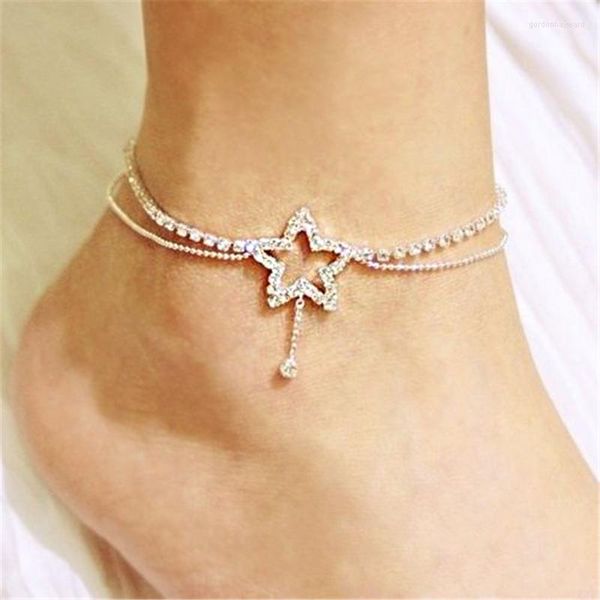 Cavigliere Catena di strass Colore argento da donna Stella Cuore d'amore Braccialetto di lusso Accessori per le gambe Gioielli di moda per la festa nuziale