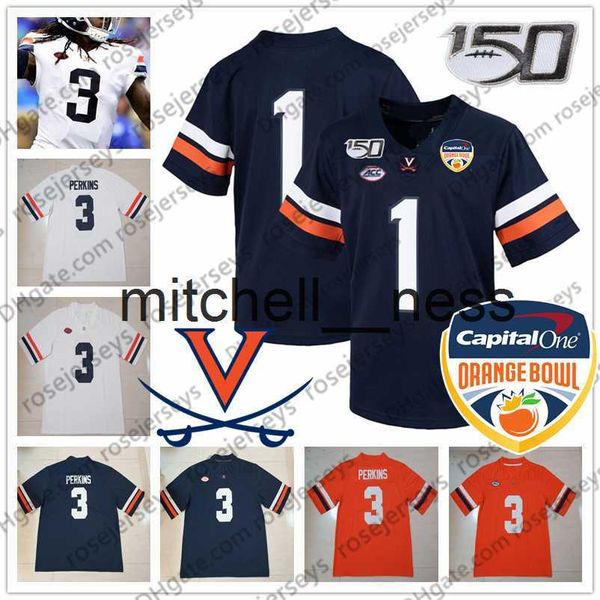 Mit8 Custom Virginia Cavaliers College Football 150TH Orange Bowl Navy Blue White # 3 Bryce Perkins 2 Joe Reed Men Youth kid UVA 2020 Jersey