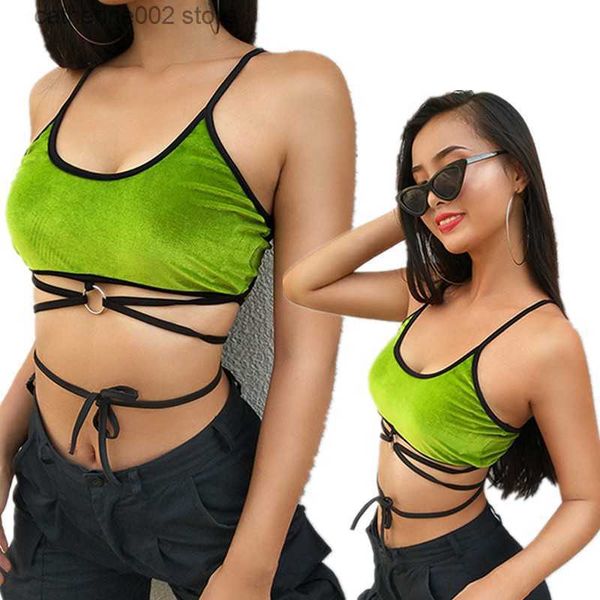 Débardeurs pour femmes Camis sans manches découpées T-shirt court Crop Top Vest pour Y2k Corset Sexy Tank Crop Top Summer Strap Tank Top Blouse Vert Velvet Top T230605