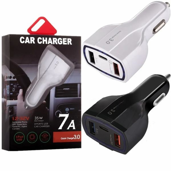 7A 3PORTS TYPE C CAR Зарядное устройство 35W QC3.0 Быстрая быстрая зарядка PD USB C Chargers Auto Power Adapter для iPhone 12 13 14 15 15 Samsung S22 S23 с коробкой