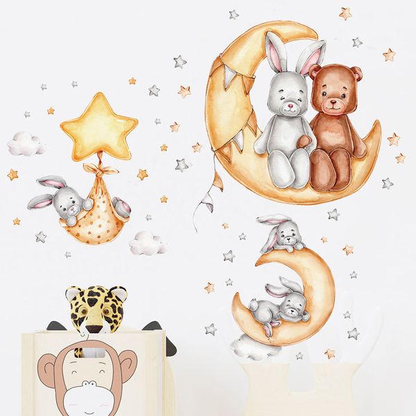 Мультфильм кроличьи наклейка звезд, наклейки на облака для детской комнаты детская детская стена декор медведь кролик, сидя на лунных обоях