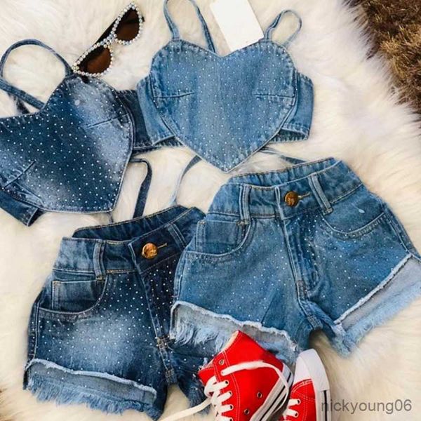 Completi abbigliamento FOCUSNORM San Valentino Vestiti estivi bambina bambina 2 pezzi Canotta in denim con stampa a pois e pantaloncini jeans strappati