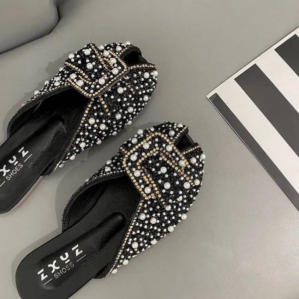 Halbe Pantoffel weibliche flache Baotou 2023 Sommermode draußen tragen kühlende Slipper Perle Rhein-Diamant Mueller Schuhe Damenschuhe