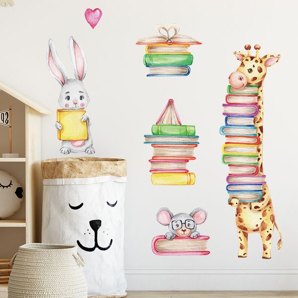 Coniglio giraffa con adesivi murali libro Decorazioni per la scuola materna Decorazione per sala lettura per bambini Decalcomania per biblioteca per studenti Poster murali per aule