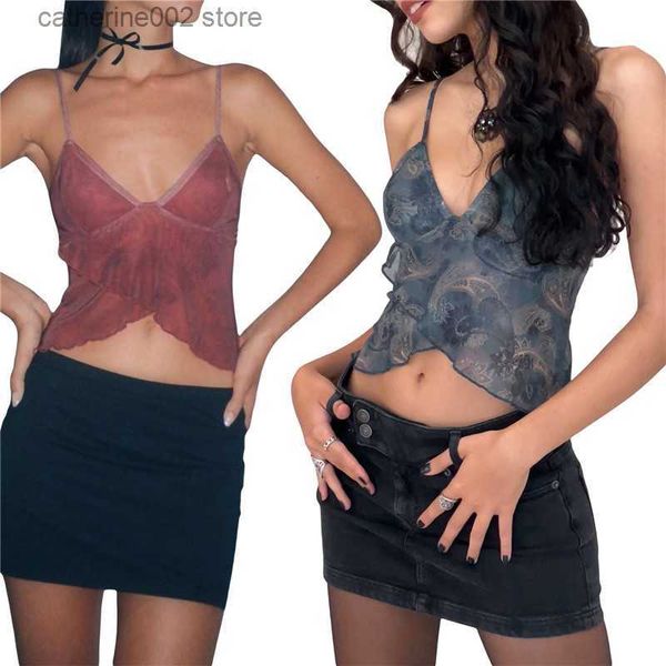 Canotte da donna Camis Donna Y2K Stampe Cinturino per spaghetti Crop Top Ruffle Mesh Sheer Sexy Backless Sleeveless Camis See Through Going Out Tank Top 2000s T230605