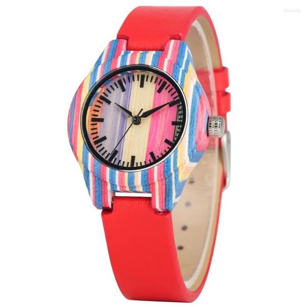 Relógios de pulso de listras coloridas relógio de madeira relógio de pulso feminino de quartzo pulseira de couro PU 12 horas de exibição moda mostrador redondo presentes femininos