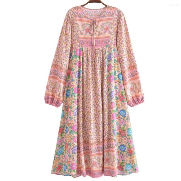 Vestidos casuais 2023 Holiday Beach Robe BOHO Stitching Pink Flower Print Midi Dress Woman Full Lantern Sleeve