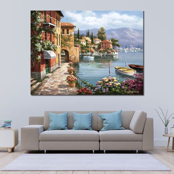 Arte Contemporânea em Lona de Alta Qualidade Lake Village Pintura Realista Feito à Mão Decoração de Parede Perfeita para Sala de Estar