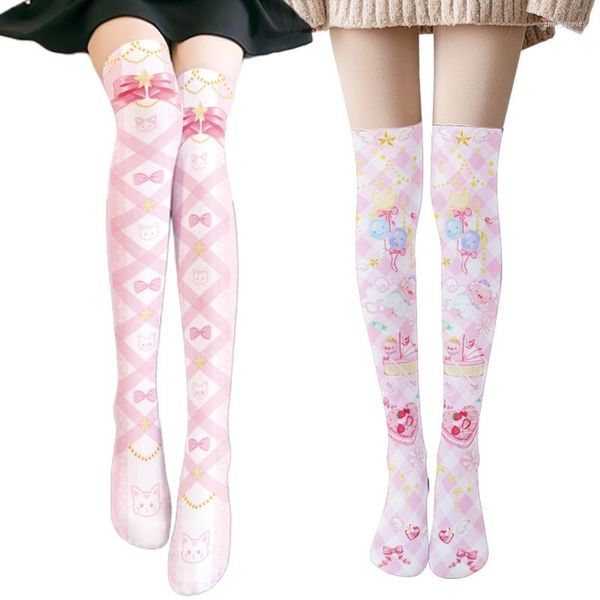 Frauen Socken Sommer Dünne Oberschenkel Hohe Strümpfe Japanischen Anime Cartoon Ballon Kuchen Für Kreuz Bowknot Gedruckt Cosplay Über