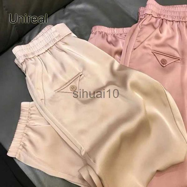 Calça Feminina Capris Unireal 2022 Verão Feminino Harém Calça Cintura Alta Calça Cropped Casual Rosa Champange Elegante Senhora Solta Calças de Cetim J230605