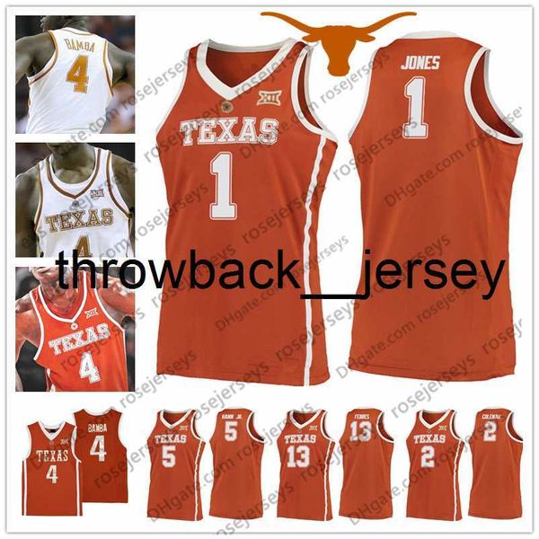 thr NCAA Texas Longhorns #1 Andrew Jones 2 Matt Coleman 5 Royce Hamm Jr. 13 Jase Febres Retro orange weiß College Basketball Jersey Vintage