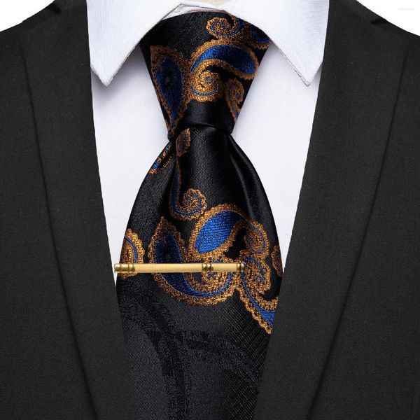 Fliege Luxus Seide Schwarz Blau Gold Paisley Krawatte Foe Mann Zubehör Corbatas Para Hombre Mode Krawatte mit Clip Set Hochzeit Business