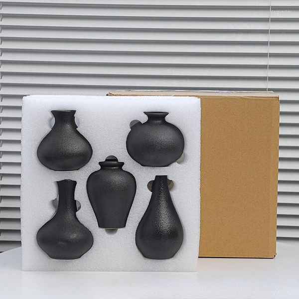 Vasen Einfache Keramikvase, fünfteiliges Set, Heimhandwerk, kleines Blumengerät, Veranda, TV-Schrank, Desktop-Dekoration, Schwarz und Weiß