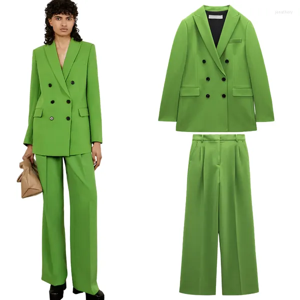 Pantaloni a due pezzi da donna Completo da donna primaverile Completo da donna 2 pezzi Pantalone blazer verde Pantaloni a gamba larga doppiopetto chic