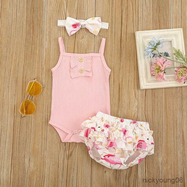 Set di abbigliamento 0-18 M Neonate Flamingo Senza maniche Principessa Pagliaccetto Top Tutu Pantaloncini Fascia 3 pezzi Set di vestiti estivi per neonati