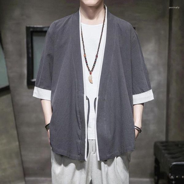 Abbigliamento etnico Abbigliamento in lino stile cinese Uomo Kimono Cardigan Tradizionale Yukata Samurai giapponese Casual asiatico 30357