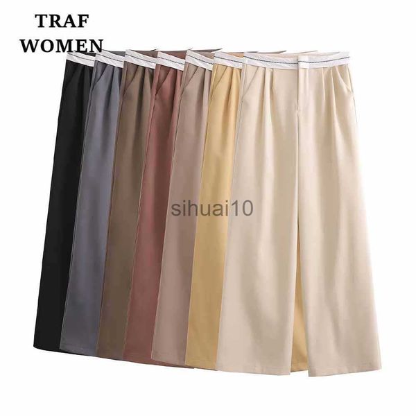 Calças Femininas Capris TRAF WOMEN 2023 Primavera Novo Flip Waist Detalhes Decoração Calças Largas Elegante Neutro Vento Cintura Alta Calças Femininas 07102400 J230605