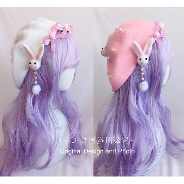 Boinas Lolita Boina Soft Girl Sweet Hat Lã Pintor Anime Cute Side Clip Hairpin Pink