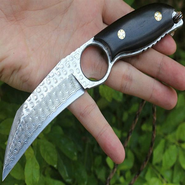 High End Damascus Karambit Claw Knife VG10 Lama in acciaio Damasco Full Tang Manico in ebano Coltelli tattici da esterno con fodero in pelle313Q