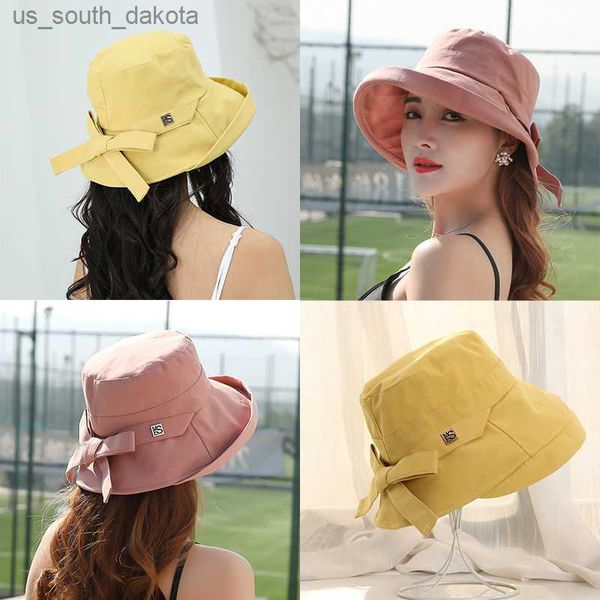 2021 Новая летняя шляпа Панама для женщин козырька Солнце Защита УФ -ведро шляпа пляж Панама Женщины ведро шляпа Сплошная шляпа складной L230523