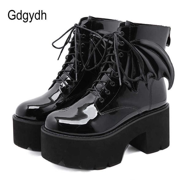 Stiefel Gdgydh Neue Mode Engel Flügel Stiefeletten High Heels Patent Leder Frauen Plattform Stiefel Punk Gothic Sexy Modell Schuhe Präfekt z0605