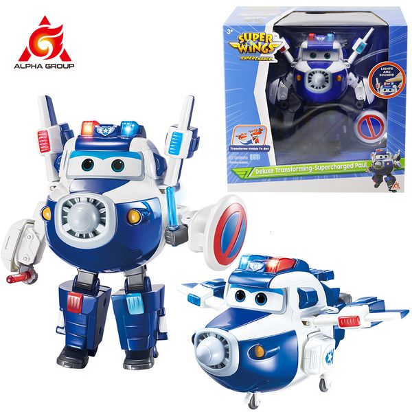 Action Toy Figures Super Wings 6 inches Deluxe Supercharged Paul Transforming With Police Shield Lights Sounds Deformation Robot Action Figures Toy 230605