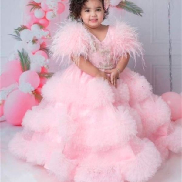 Abiti da ragazza Pink Pretty Girls Feather Sleeve Flower Girl Dress Bambini Bambini Birthday Party Gown Princess Prom Pageant 230603
