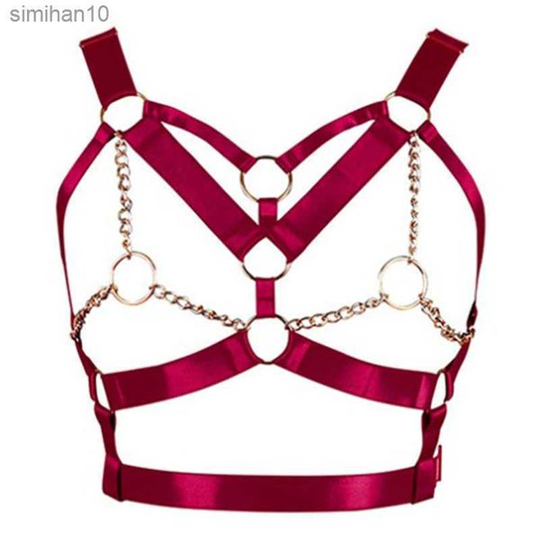 Wine Red Harness Bra Top Punk Gothic Chain Gold Sexy Lingerie Cinture Strappy Chest Cage Women Body Bondage Plus Size Scava fuori L230518