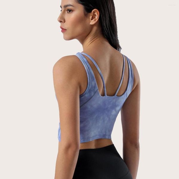 Yoga Kıyafet Kadın Fitness Sütü Kapsamlı Eğitim Jogging Sıkı Spor Tank Top Spor Salonu Kravat Baskısı Göğüs Pedi ile Egzersiz Mahsul