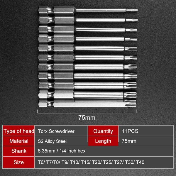 Schroevendraaier HOEN Handwerkzeuge Schraubendreher-Schraubendreher-Set, magnetisch, hochwertiges 11-teiliges 75-mm-S2-Stahl-Sechskant-Torx-Kopf-Bohrer-Schraubendreher-Set