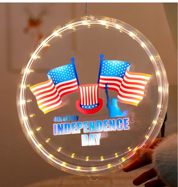 Striscia luminosa a LED Giorno nazionale americano Lanterna Giorno dell'indipendenza Decorativa Stampa a colori chiari rotonda 24 cm Bandiera nazionale Disco luminoso Lampada a sospensione bianco caldo