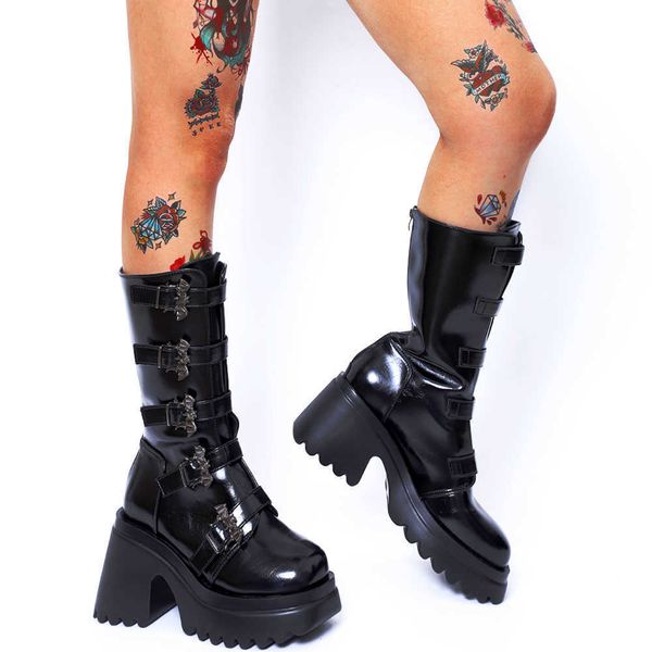 Boots Brand Punk Gothic Cosplay Motorcycle Combat Boots Женщины Zip Platform Котлеяные каблуки средних сапог на теленках Осенние металлические обувь Z0605