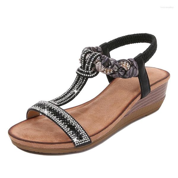 Sandálias Femininas Estilo Bohemia Sapatos de Férias Senhoras Verão Nice Wedges Salto Plataforma Calçado Feminino Cristal Bling Mulher