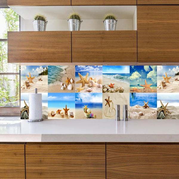 10/15cm Concha de cenário de praia Azulejos de estrelas do mar Adesivo de cozinha Backsplash Armário Decoração para casa Decalques de parede autoadesivos à prova d'água